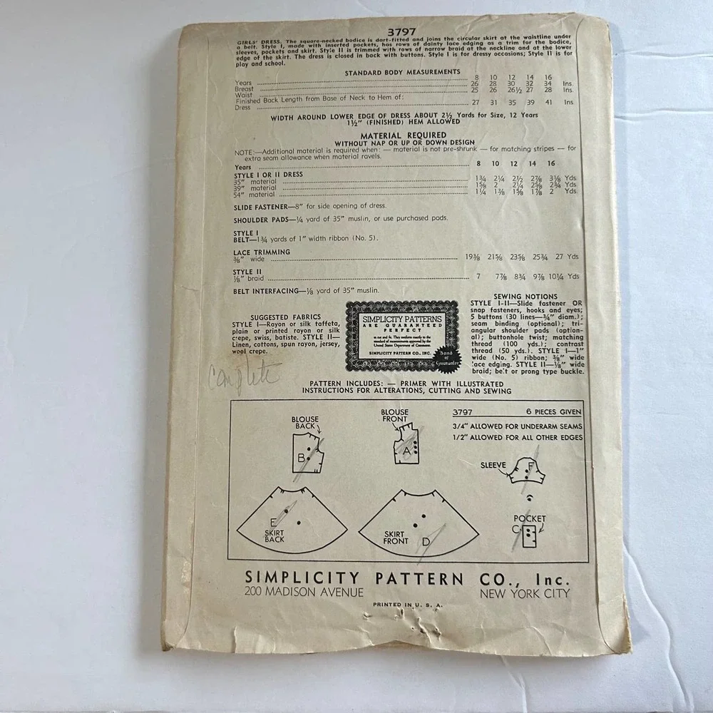 Simplicity Primer Vintage 1940's Pattern #3797 Young Girls‎ Dress Size 12 HTF